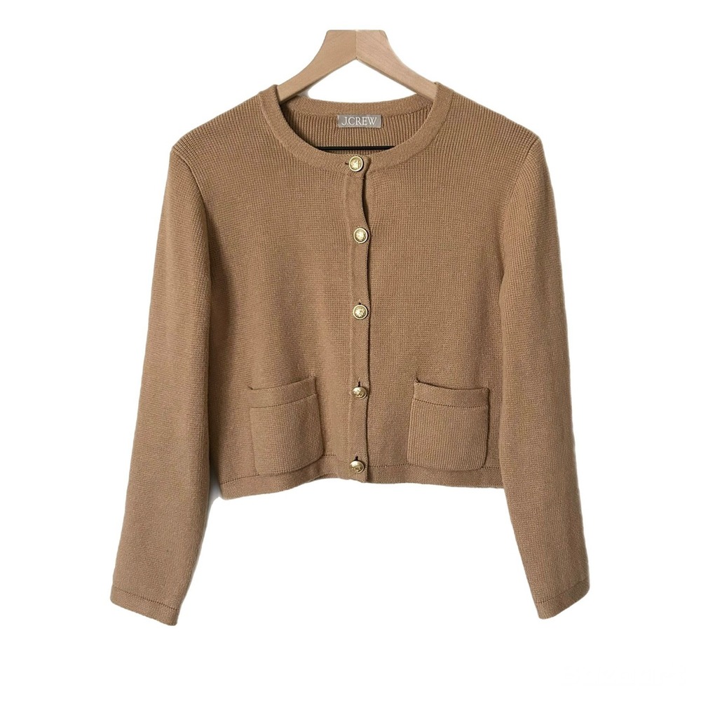 J.Crew Emilie Patch-Pocket Sweater Lady Jacket 100% Cotton Tan Size Small BQ197 - Picture 2 of 7